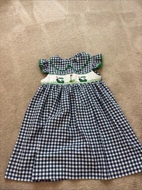 Girls Navy Gingham Smocked Dress with Green Accents